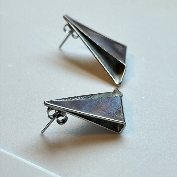 Vintage Silver Triangle Stud Earrings 80s Geometric Modernist Statement - Picture 4 of 9